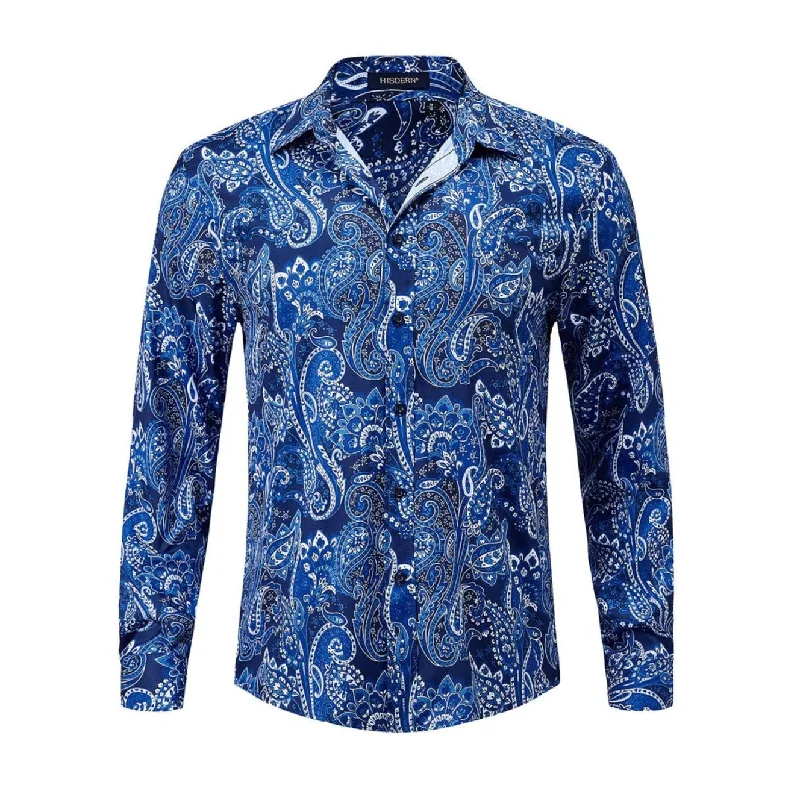 Men's Long Sleeve Shiny Shirt - Y-WHITE/BLUE