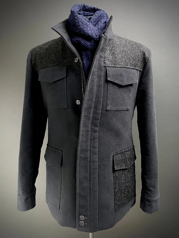 Grey Moleskin and Tweed Utility Coat.