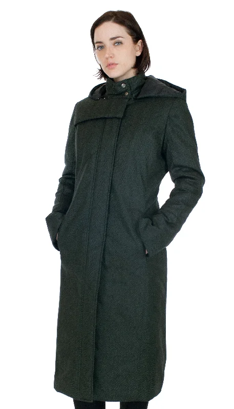 Hooded Mock Neck Zip Maxi Coat w/ Thinsulate Quilted Liner/ Green Wool Herringbone