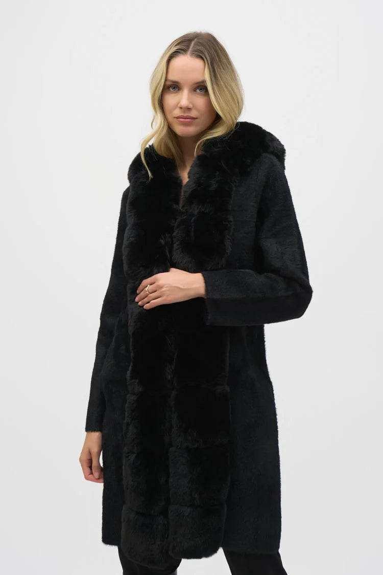 Joseph Ribkoff Black Sweater Knit and Faux Fur Hooded Coat