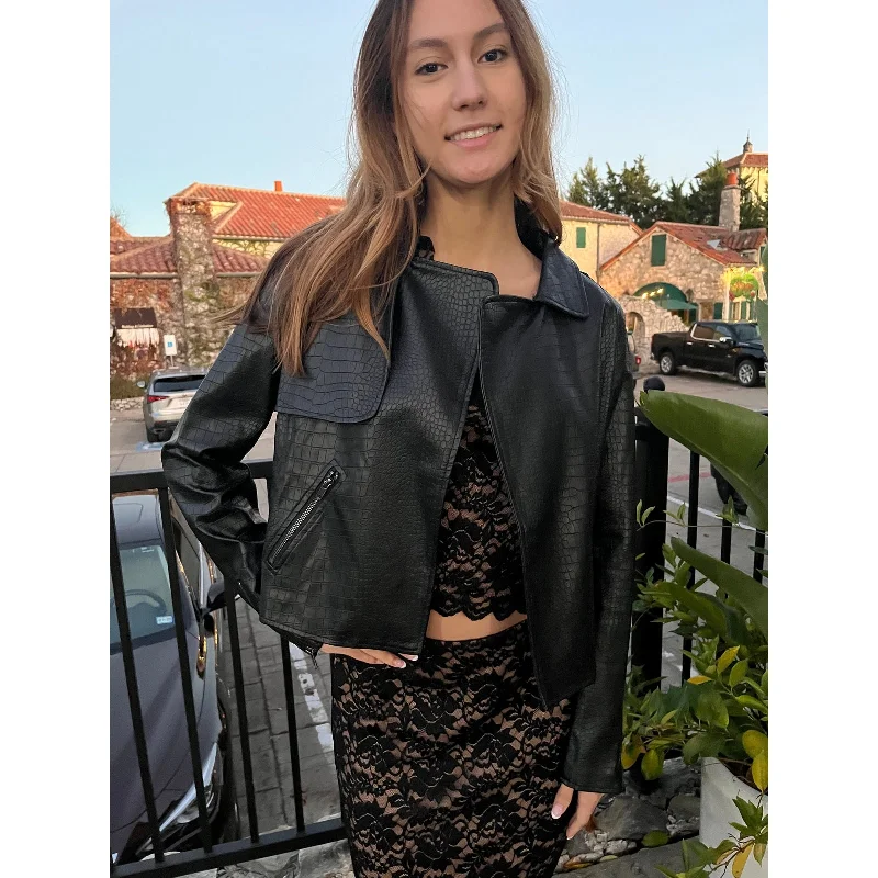 Night Life Vegan Leather Textured Biker Jacket